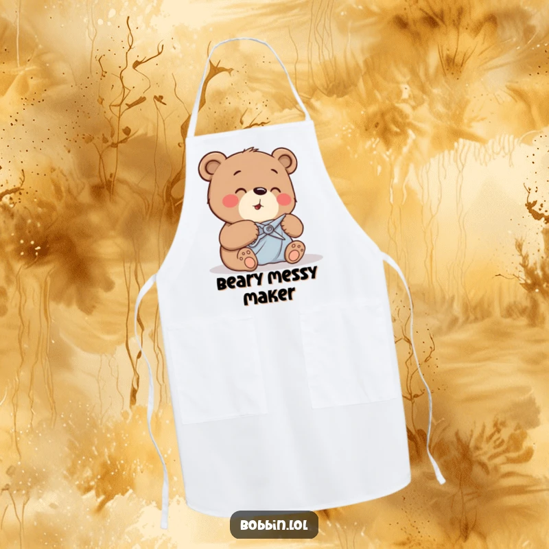 Funny bear with tiny shears cutting fabric, wearing a protective and humorous apron.