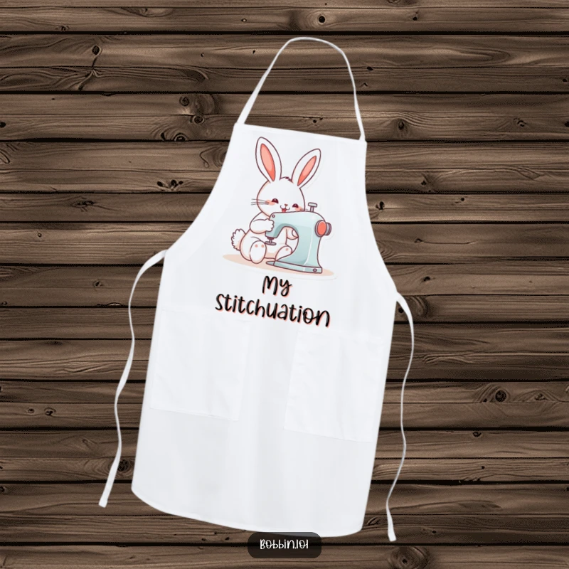 Funny bunny intently sewing on a machine, wearing a protective apron. Humorous kitchen or craft wear.