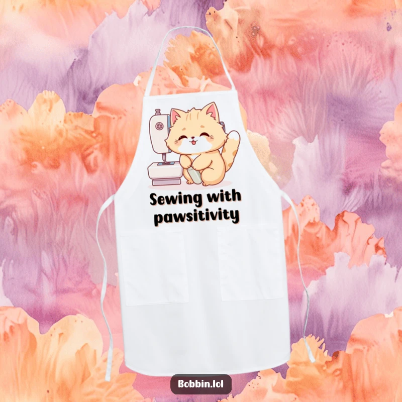 Funny Cat Apron: A fluffy cat determinedly pushing a sewing machine pedal, making messes fun. Great funny gift.