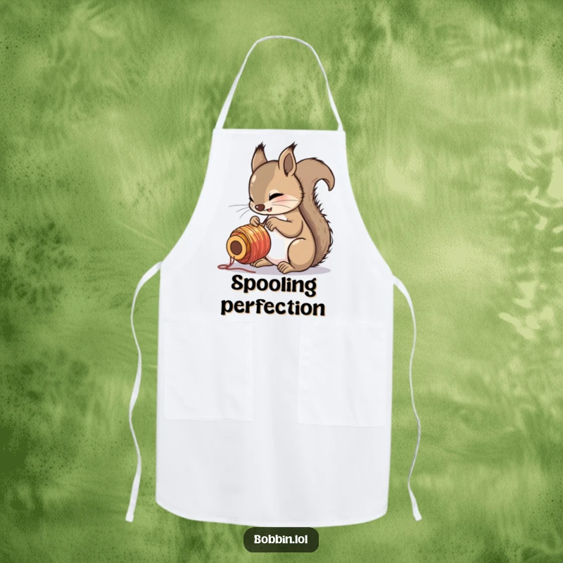 Funny squirrel examining a colorful spool of thread, wearing a protective and humorous apron.