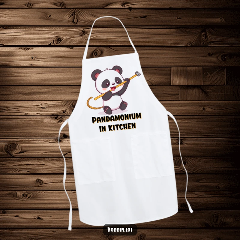 Funny Panda Sewing Apron: A playful panda batting at a swinging measuring tape, keeping messes at bay. Perfect funny gift.