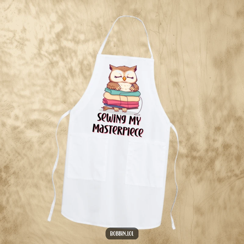 Funny sleepy owl apron, humorously sewing fabric, a practical and funny gift for crafters.