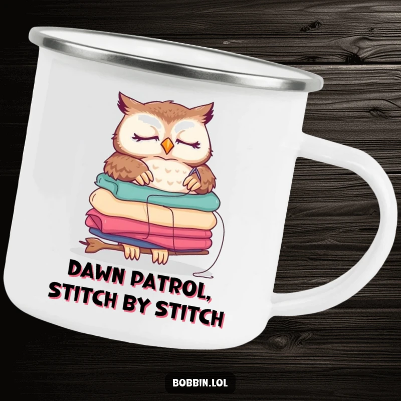 Funny sleepy owl camping mug, balancing fabric while sewing, a durable and humorous outdoor accessory.