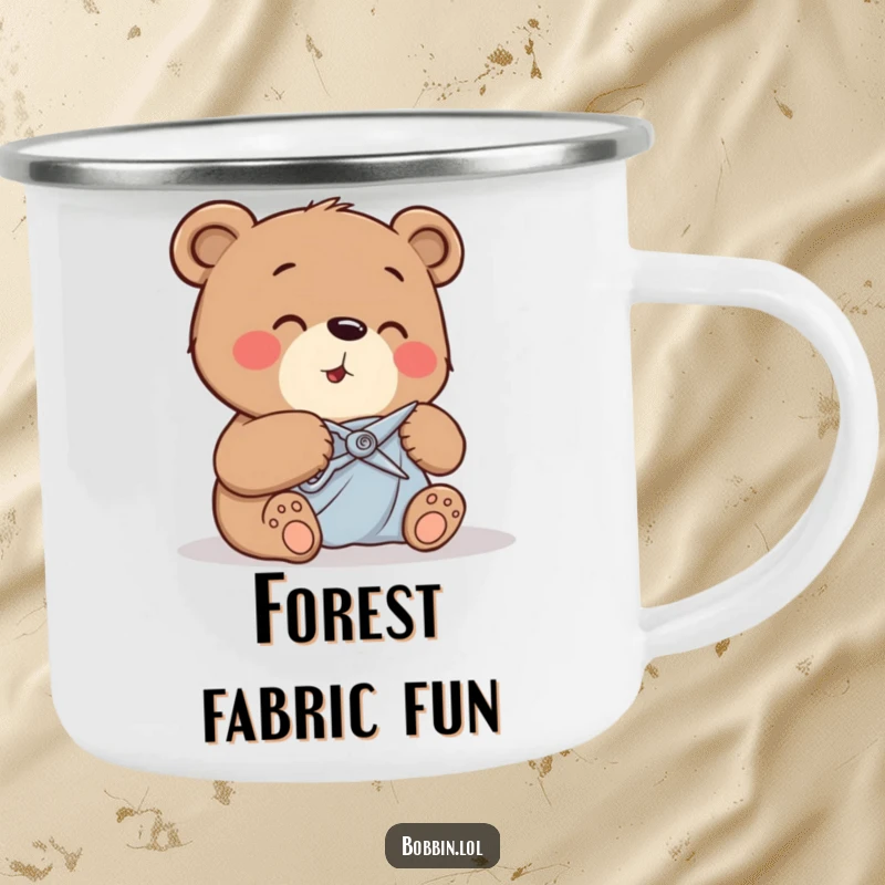 Funny bear giggling while cutting fabric with tiny shears, depicted on a durable camping mug.