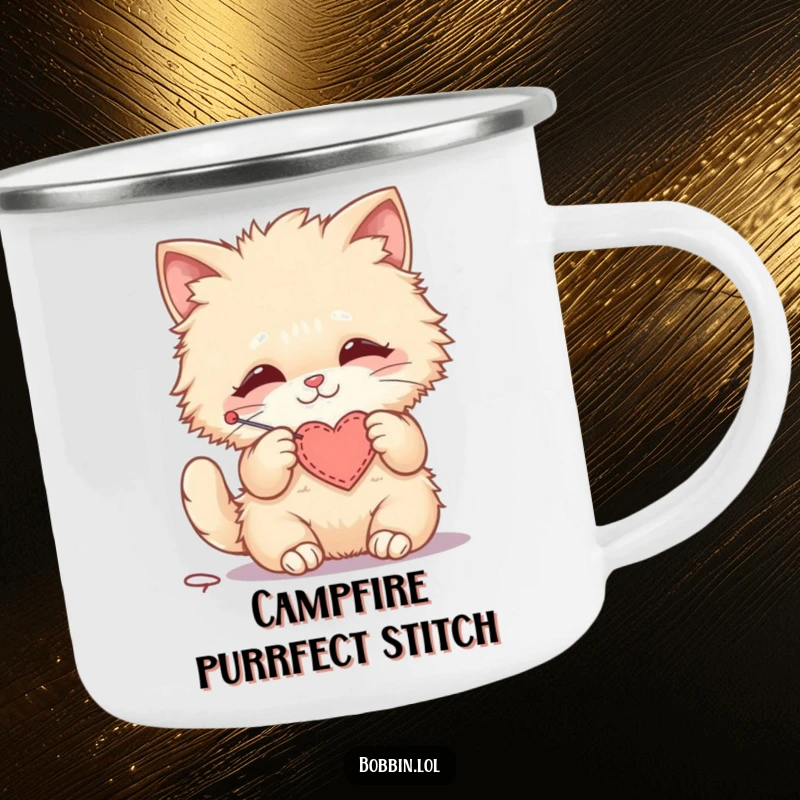 Funny camping mug featuring a fluffy cat happily stitching a small felt heart, perfect for cozy outdoors.