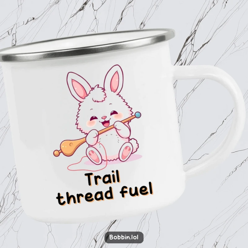 Funny Bunny Sewing Camping Mug: A fluffy bunny threading a large needle, perfect for outdoor crafting. Super funny gift.