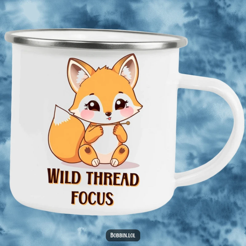 Funny fox with wide eyes threading a needle, depicted on a durable camping mug for outdoor enthusiasts.