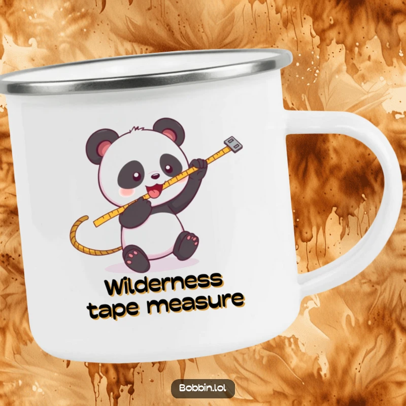 Funny Panda Sewing Camping Mug: A playful panda batting at a swinging measuring tape, perfect for outdoor crafting. Super funny gift.