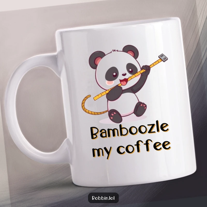 Funny Panda Sewing Mug: A playful panda batting at a swinging measuring tape. Hilarious funny gift for crafters.