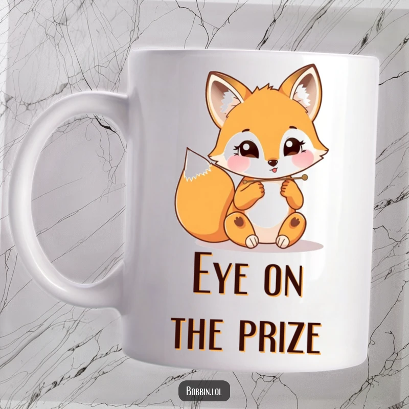 Funny fox with wide eyes playfully threading a needle, an intricate illustration on a humorous mug.
