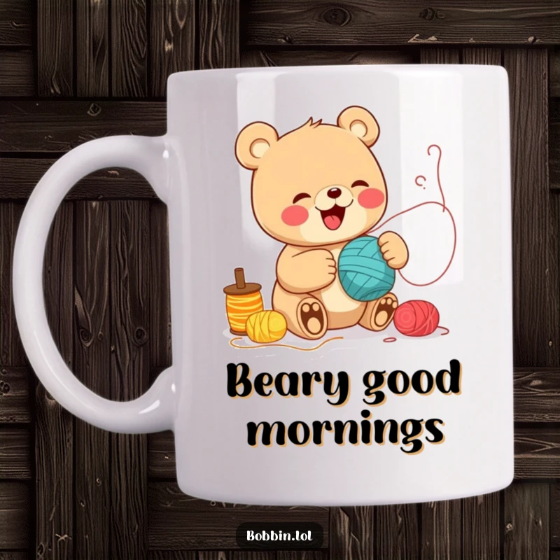 Funny Bear Sewing Mug: A cheerful bear giggling while unspooling colorful threads. Hilarious funny gift for crafters.