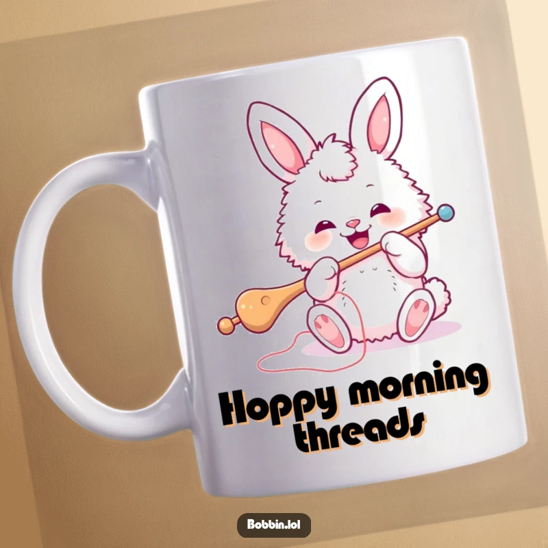 Funny Bunny Sewing Mug: A fluffy bunny energetically threading a big needle, ready to stitch. Hilarious funny gift.