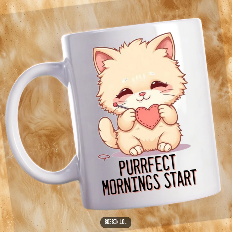 Funny mug featuring a fluffy cat happily stitching a small felt heart with a needle, a symbol of love.
