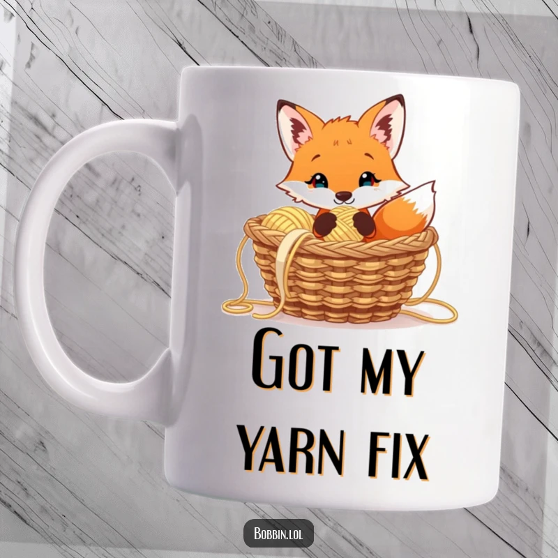 Funny curious fox peeking from a yarn basket, holding a thimble, a charming and humorous gift.