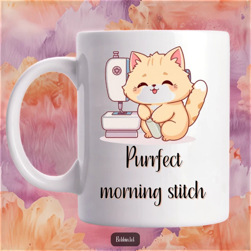 Funny Cat Mug: A fluffy cat gleefully pressing a sewing machine pedal, ready for stitching. Hilarious gift for crafters.