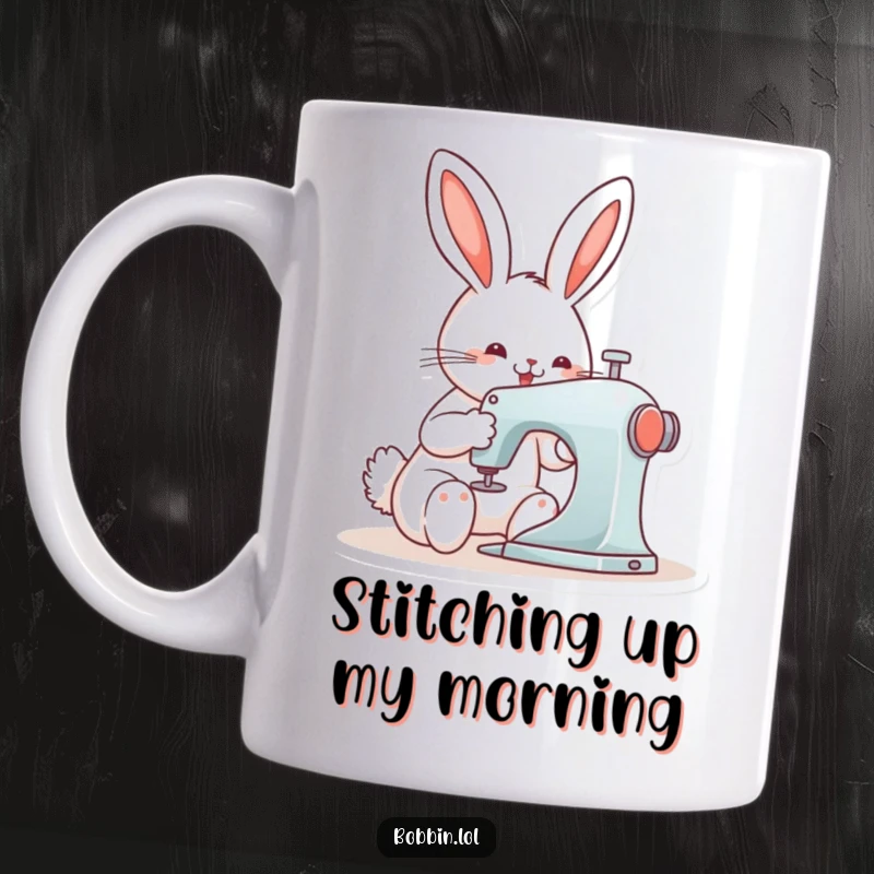 Funny bunny operating a sewing machine with focus and delight, a whimsical illustration for crafters and sewing enthusiasts.