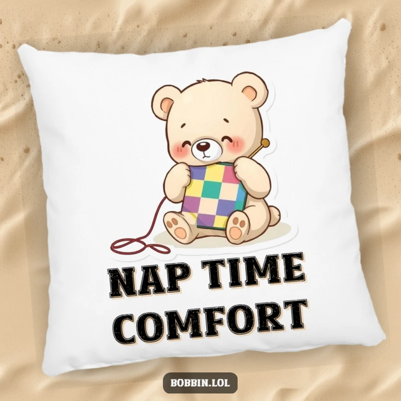 Funny pillow featuring a tiny bear happily stitching a colorful quilt square, providing cozy comfort with a dose of crafty humor.