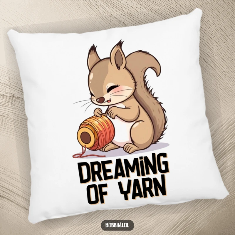 Funny squirrel intently examining a colorful spool of thread, depicted on a soft and decorative pillow.