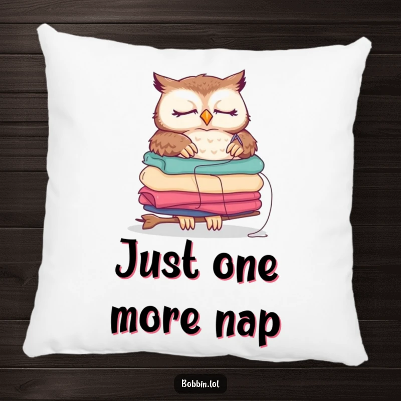 Funny sleepy owl pillow for sewing enthusiasts, depicting a tired owl with fabric and needle, soft decor.