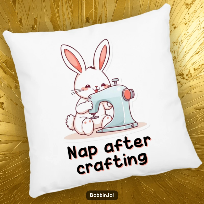 Funny bunny operating a sewing machine with pure joy, featured on a soft pillow for ultimate comfort.