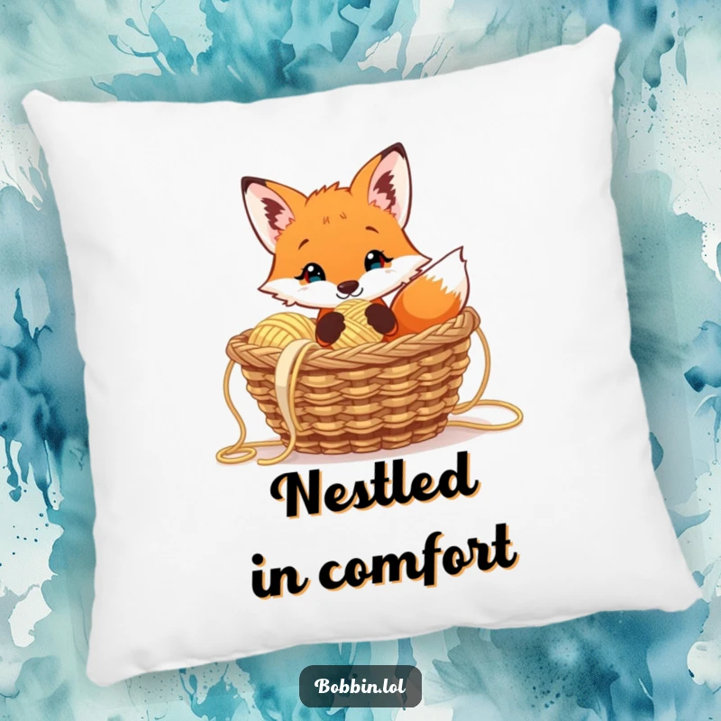 Funny curious fox pillow nestled in yarn, holding a thimble, soft and humorous decorative item.