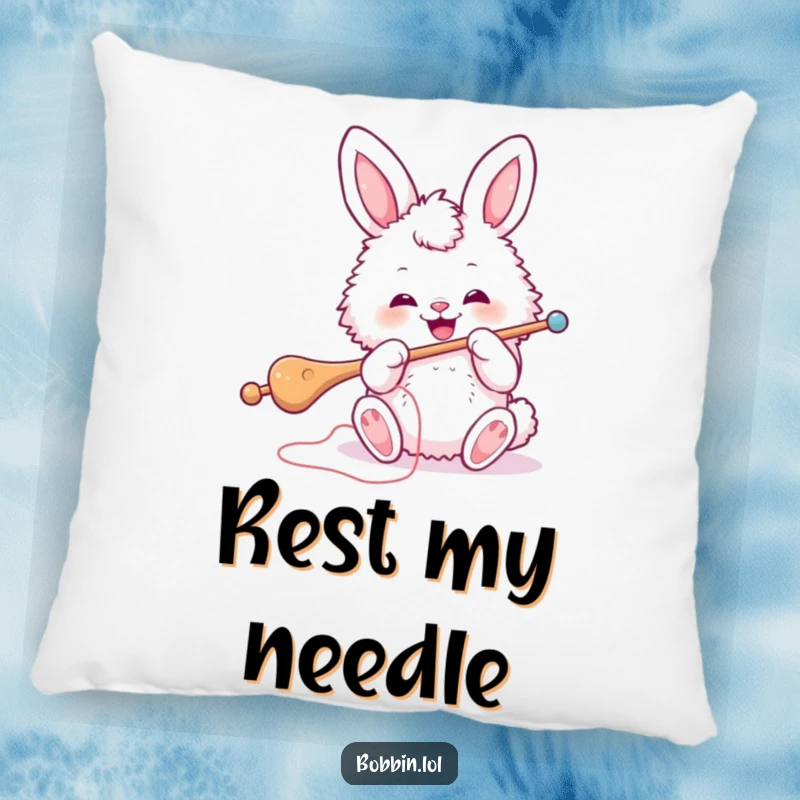 Funny Bunny Sewing Pillow: A fluffy bunny enthusiastically threading a big needle, perfect for relaxation. Ideal funny gift.