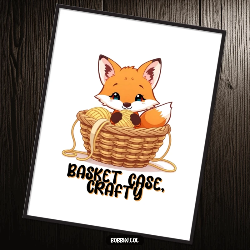 Funny curious fox digital art print, peeking from yarn, holding a thimble, instant download.