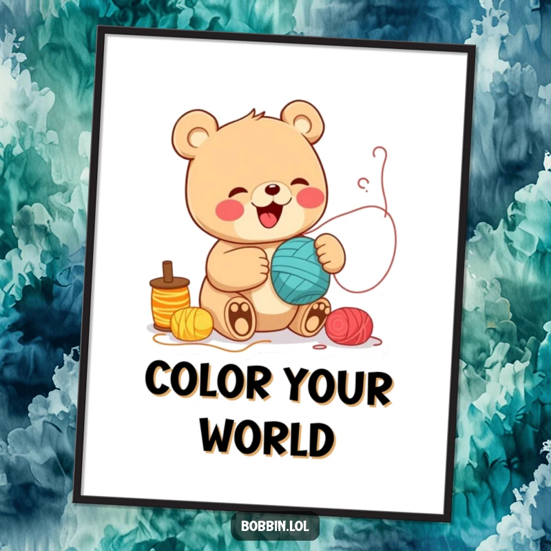 Funny Bear Sewing Digital Art Print: A cheerful bear giggling while unspooling thread, humorous wall decor. Perfect funny gift.