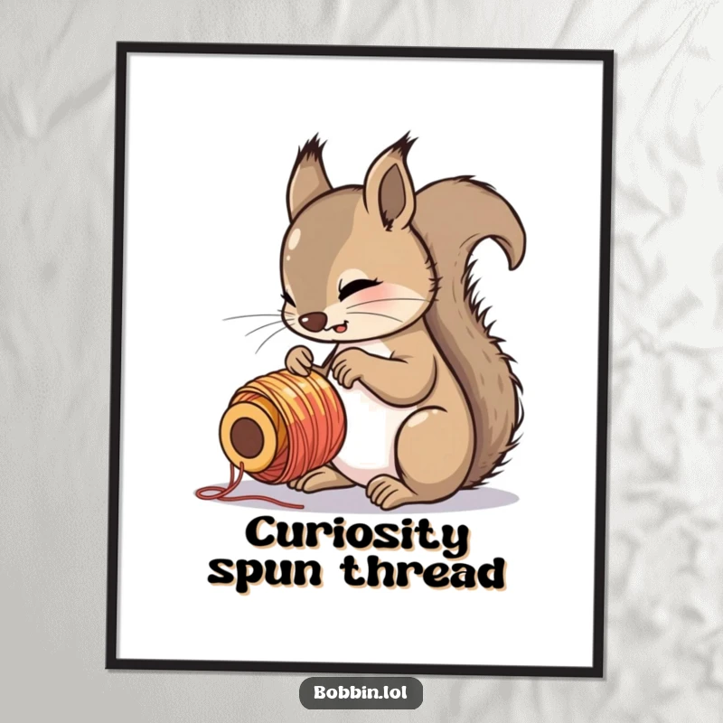 Funny squirrel with great interest inspecting a colorful spool of thread, high-quality digital art print download.