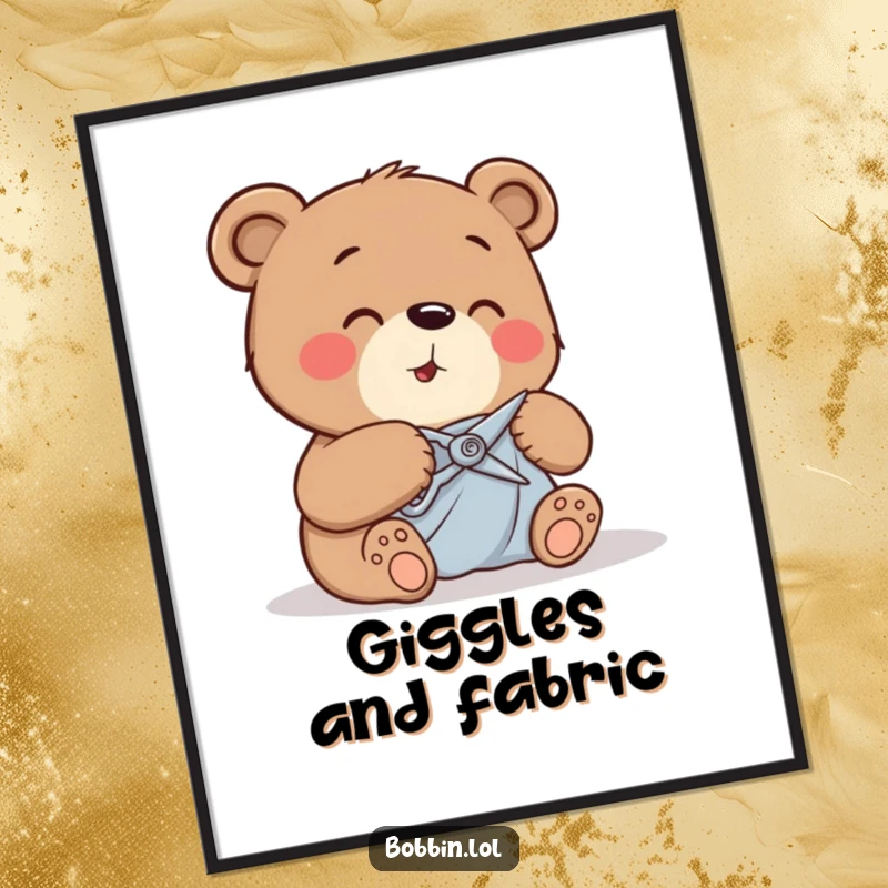 Funny bear giggling with joy while carefully cutting fabric with tiny shears, digital art print download.