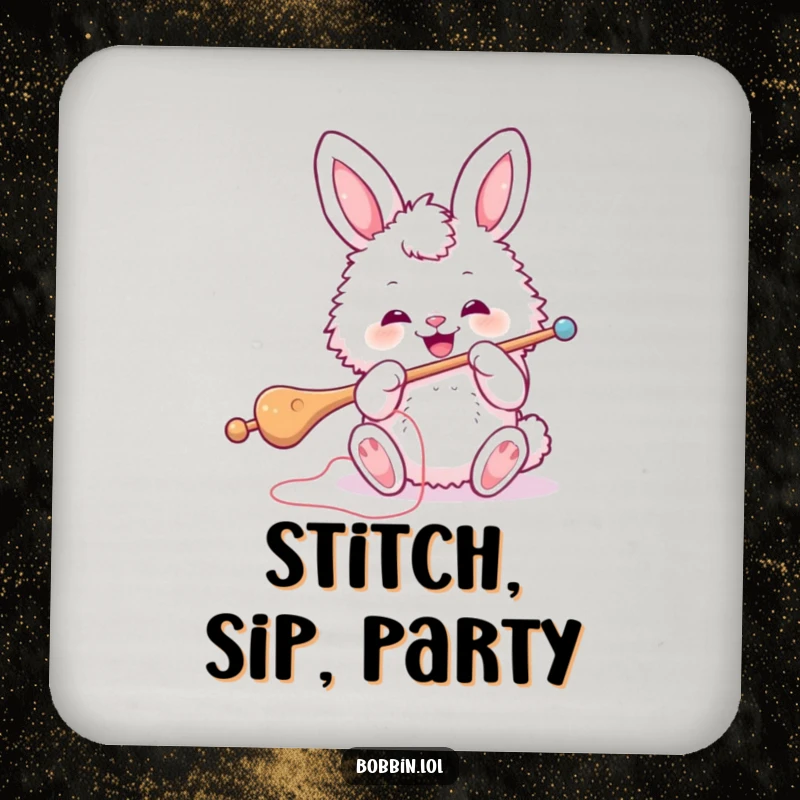 Funny Bunny Sewing Coaster: A fluffy bunny threading a big needle, adding charm and humor. Cute funny gift.