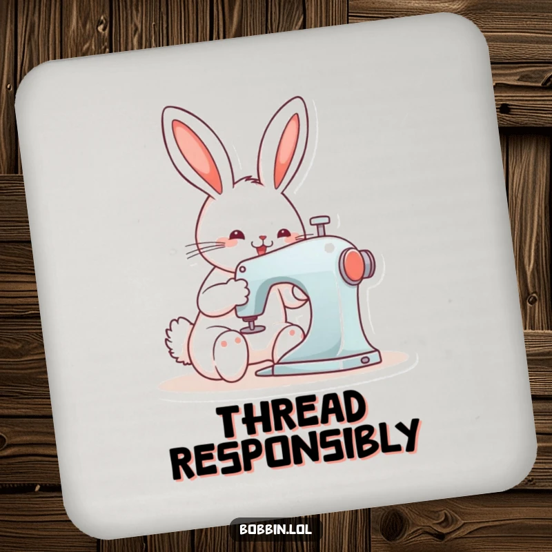 Funny bunny operating a sewing machine with focus, featured on protective drink coasters in a charming set.
