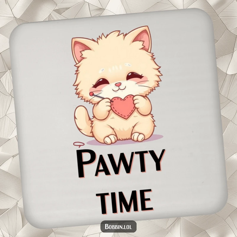 Funny drink coaster with a fluffy cat stitching a small felt heart, adding humor and protection.