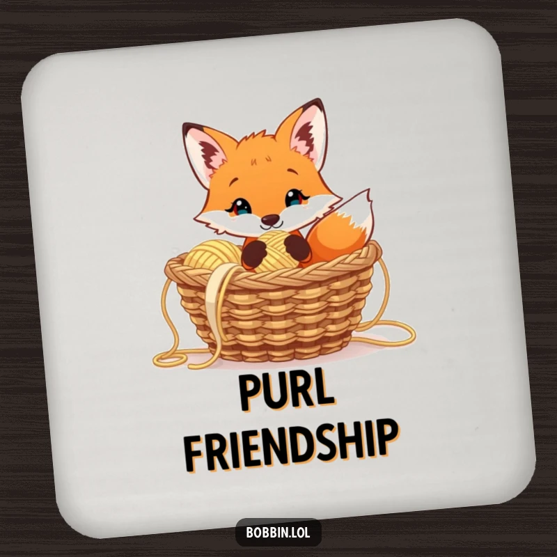 Funny curious fox drink coaster, peeking from yarn, holding a thimble, a protective and amusing accessory.