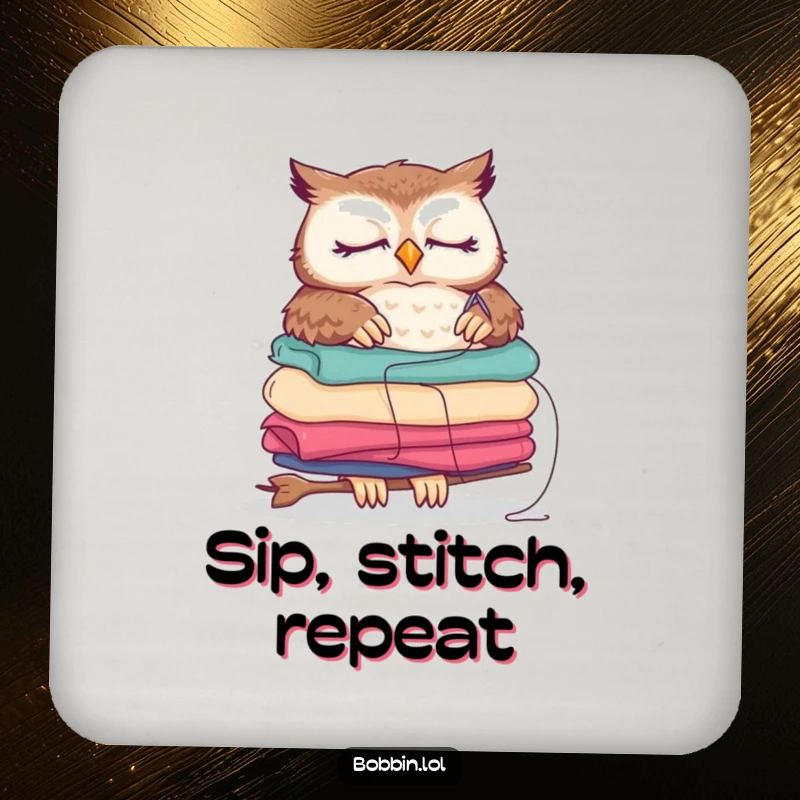 Funny sleepy owl drink coaster, humorously sewing, a protective and amusing accessory for tables.