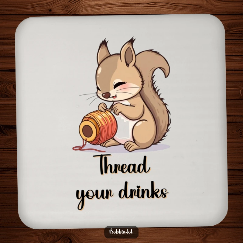 Funny squirrel intently examining a colorful spool of thread, featured on protective drink coasters in a charming set.