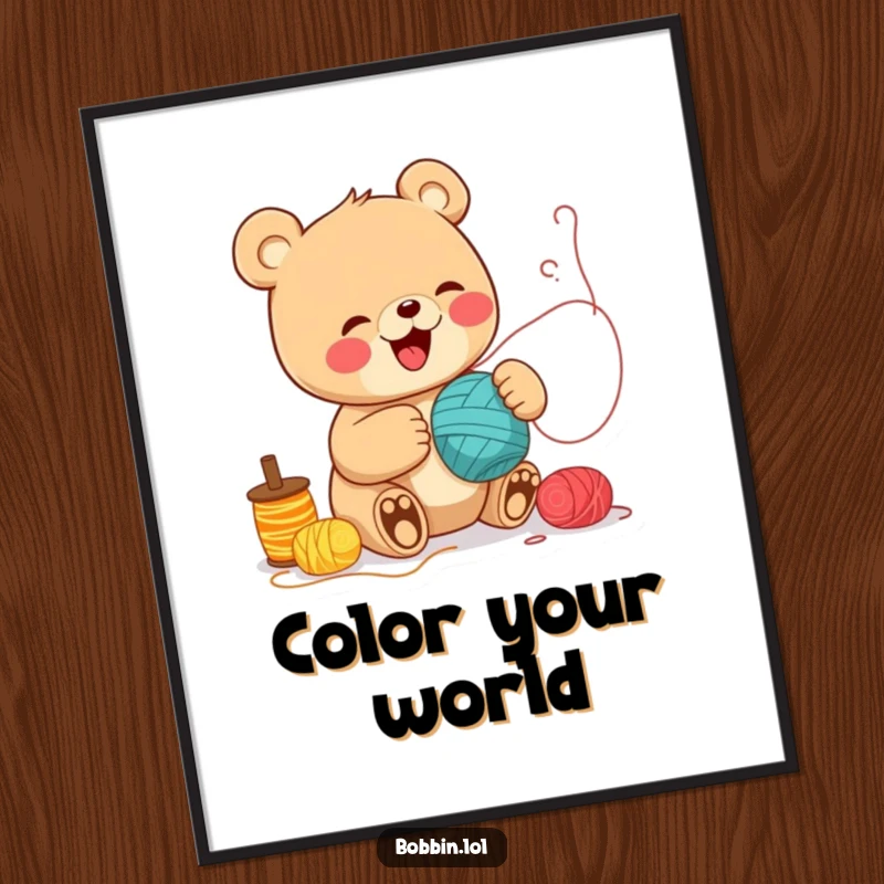 Funny Bear Sewing Poster: A cheerful bear giggling while unspooling colorful thread rolls, bringing humor to walls. Great funny gift.