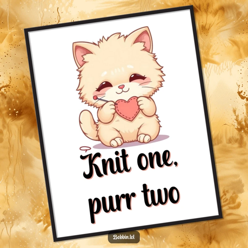 Funny poster showcasing a fluffy cat happily stitching a small felt heart, a symbol of love and craft.