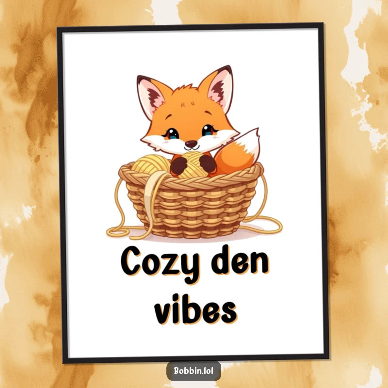 Funny curious fox poster peeking from yarn, holding a thimble, whimsical and humorous wall art.