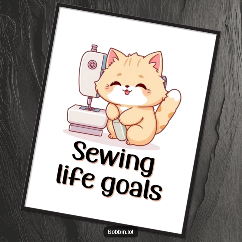 Funny Cat Poster: A fluffy cat actively pressing a sewing machine foot pedal, bringing humor to your wall. Perfect funny gift.