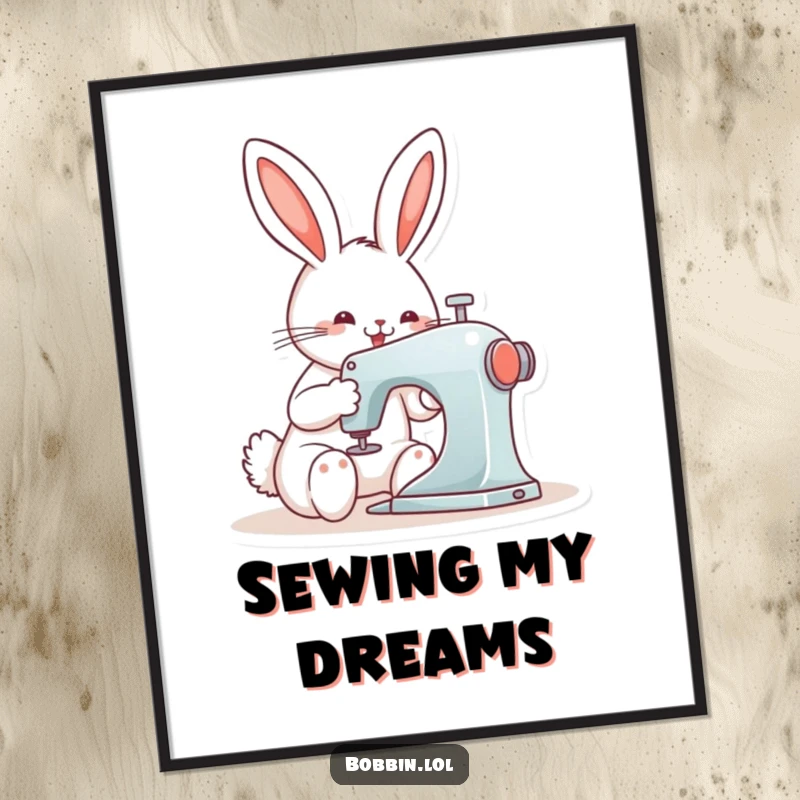 Funny bunny intensely focused on sewing with a machine, depicted on a whimsical poster for home decor.