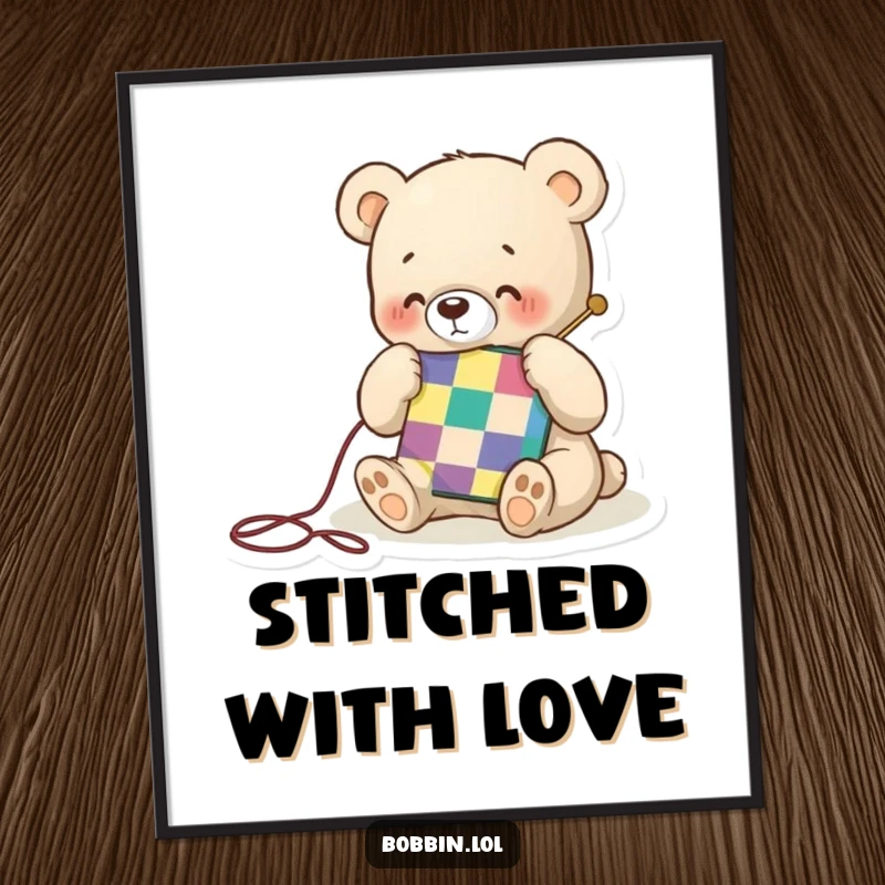 Funny poster art of a tiny bear happily stitching a colorful quilt square, ideal for adding cozy charm to wall decor.
