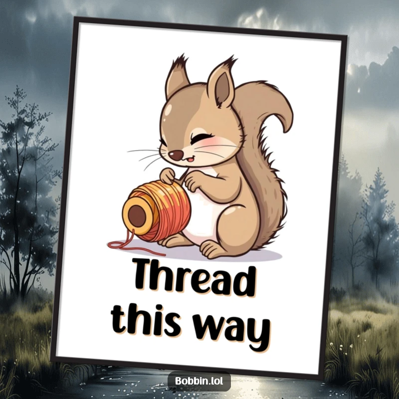 Funny squirrel looking closely at a colorful spool of thread, displayed as a whimsical poster.
