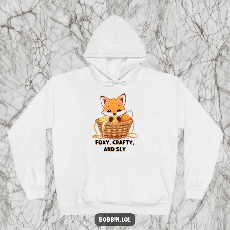 Funny curious fox hoodie peeking from a basket of yarn, holding a thimble, warm and humorous.