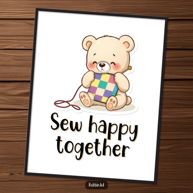 Funny Free Printable Wall Art: A tiny bear happily stitches a colorful quilt square with a needle, creating art.