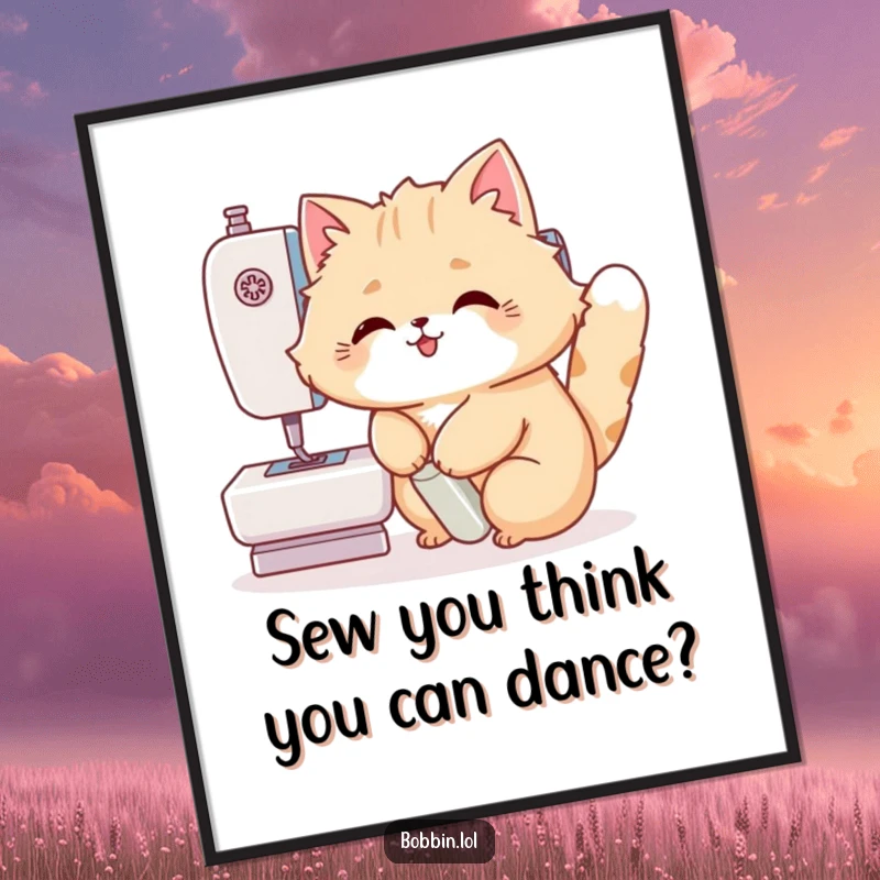 Funny Free Printable Wall Art: A fluffy cat joyfully operates a sewing machine foot pedal, creating a humorous sewing scene.