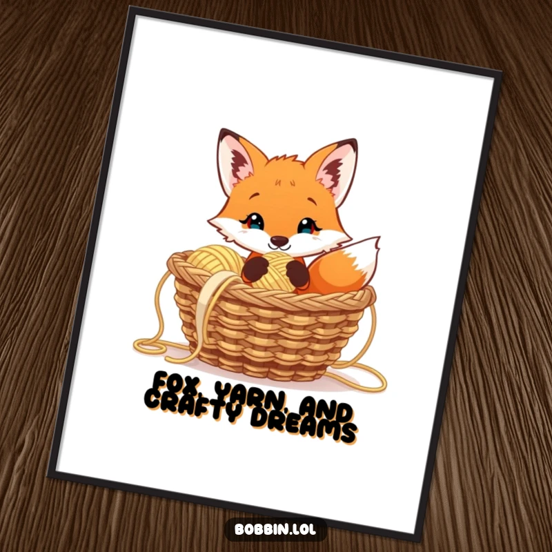 Funny Free Printable Wall Art: Curious fox peeking from yarn, thimble in paw, a mischievous scene.