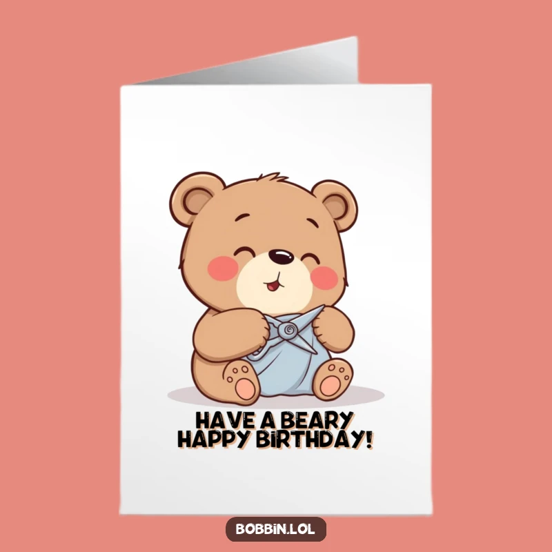 Free Printable Birthday Card: Funny Bear Cutting Fabric, Giggle-Filled DIY Download