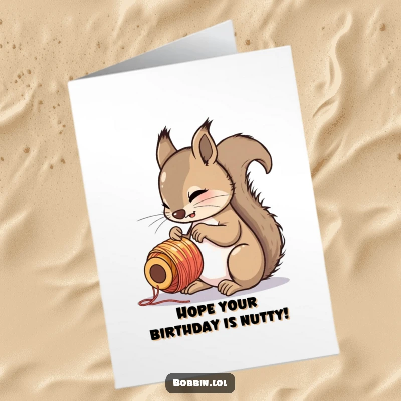 Funny Free Printable Birthday Card featuring a curious squirrel intently examining a colorful spool of thread.