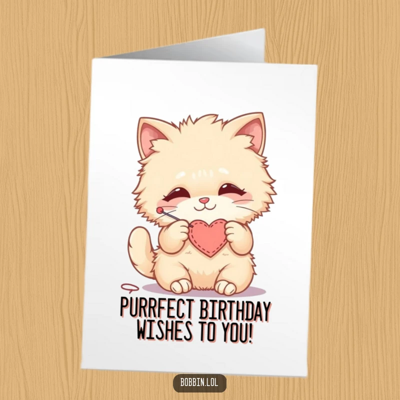 Funny Free Printable Cat Birthday Card: A fluffy cat happily stitching a small felt heart with love.